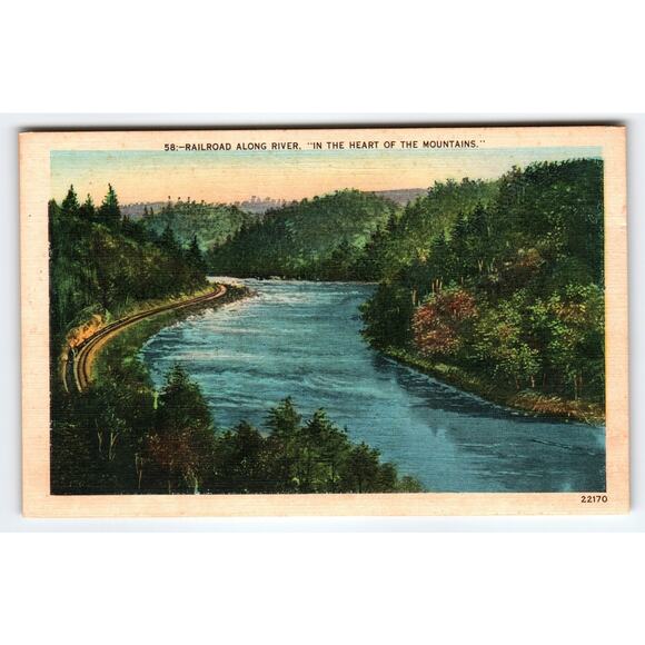 Vintage Linen Railroad Along River Postcard Heart of the Mountains - Picture 1 of 2